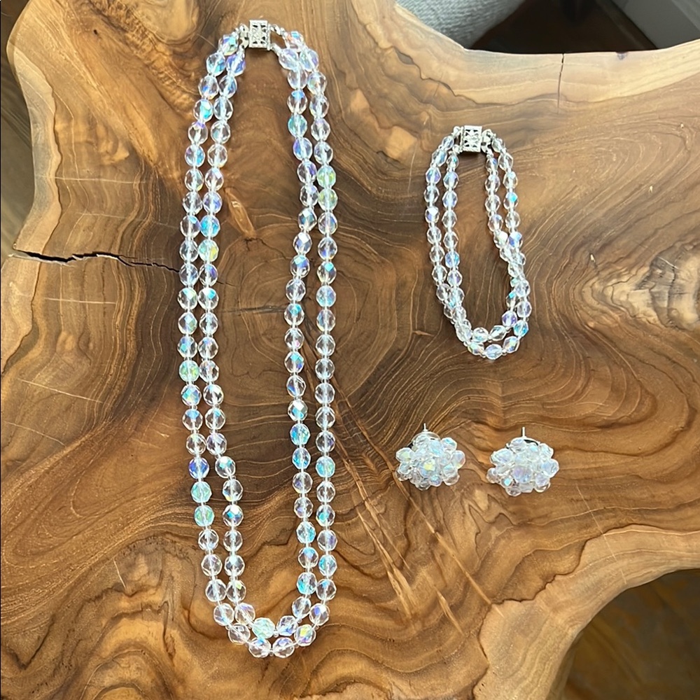Vintage AB aurora borealis bead necklace, bracelet, and earrings set